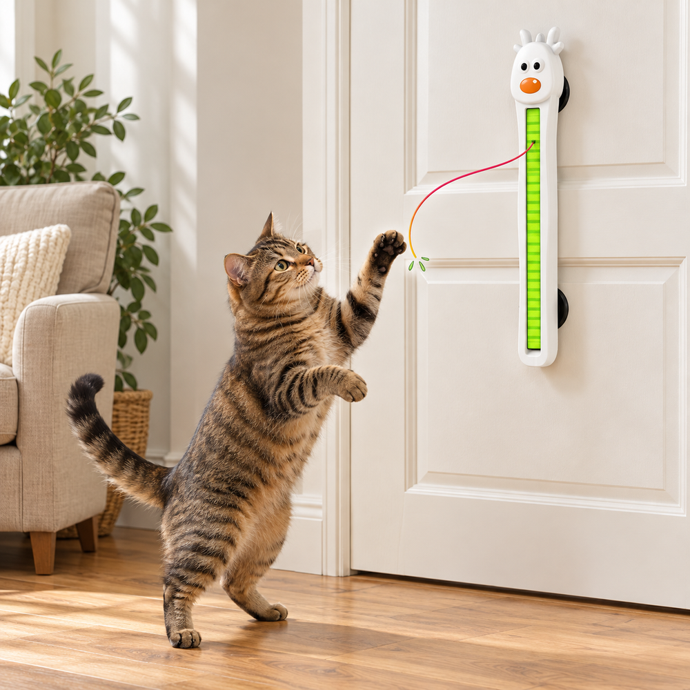 AI-generated product illustration: same tabby actively playing with the door-mounted toy