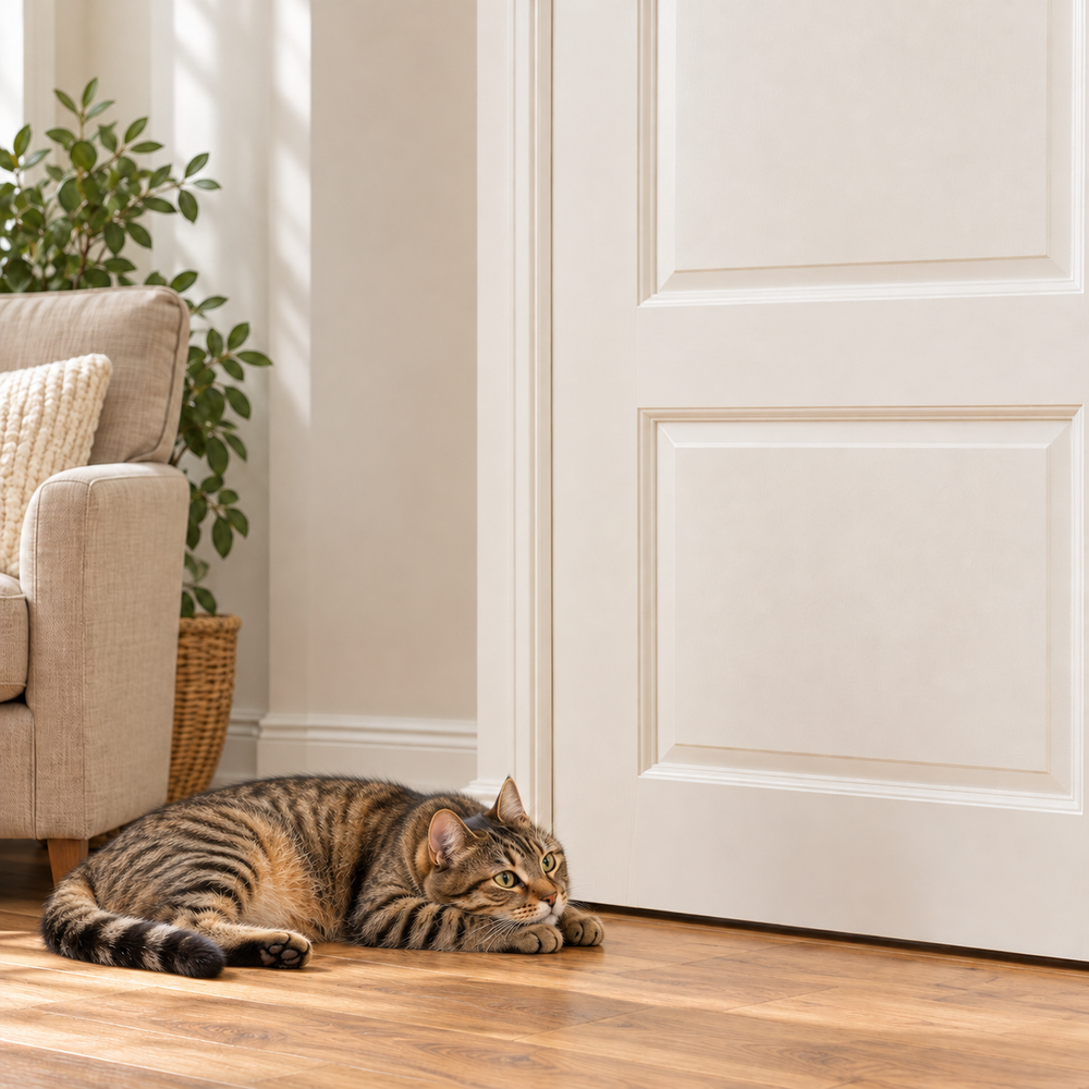 AI-generated product illustration: relaxed bored tabby before play