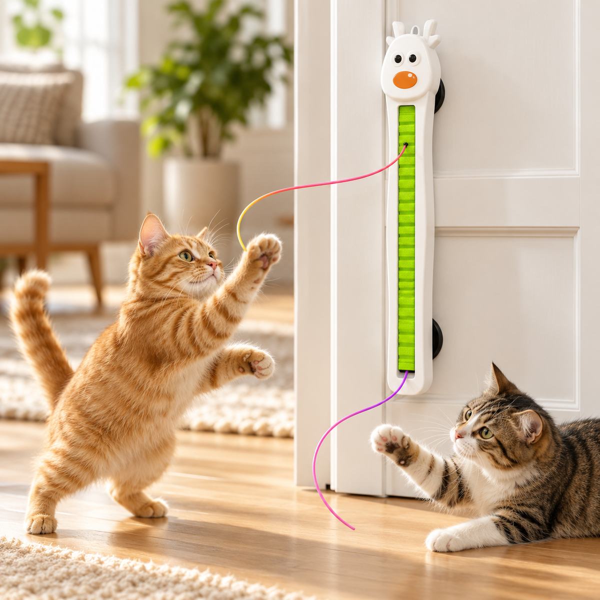 AI-generated product illustration: belt view of the rechargeable door-mounted cat toy
