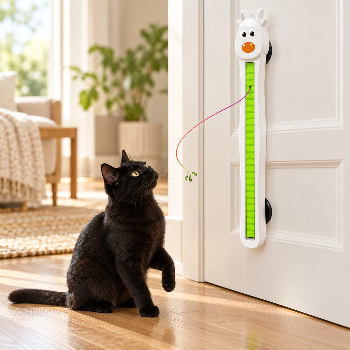 AI-generated product illustration: galleryplay view of the rechargeable door-mounted cat toy