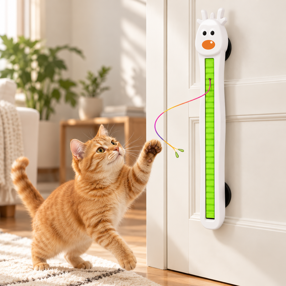 AI-generated product illustration: hero view of rechargeable door-mounted cat toy