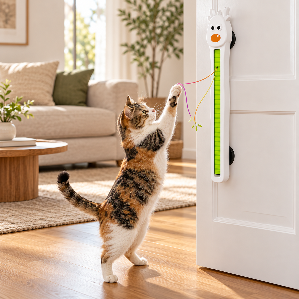 AI-generated product illustration: intro view of rechargeable door-mounted cat toy