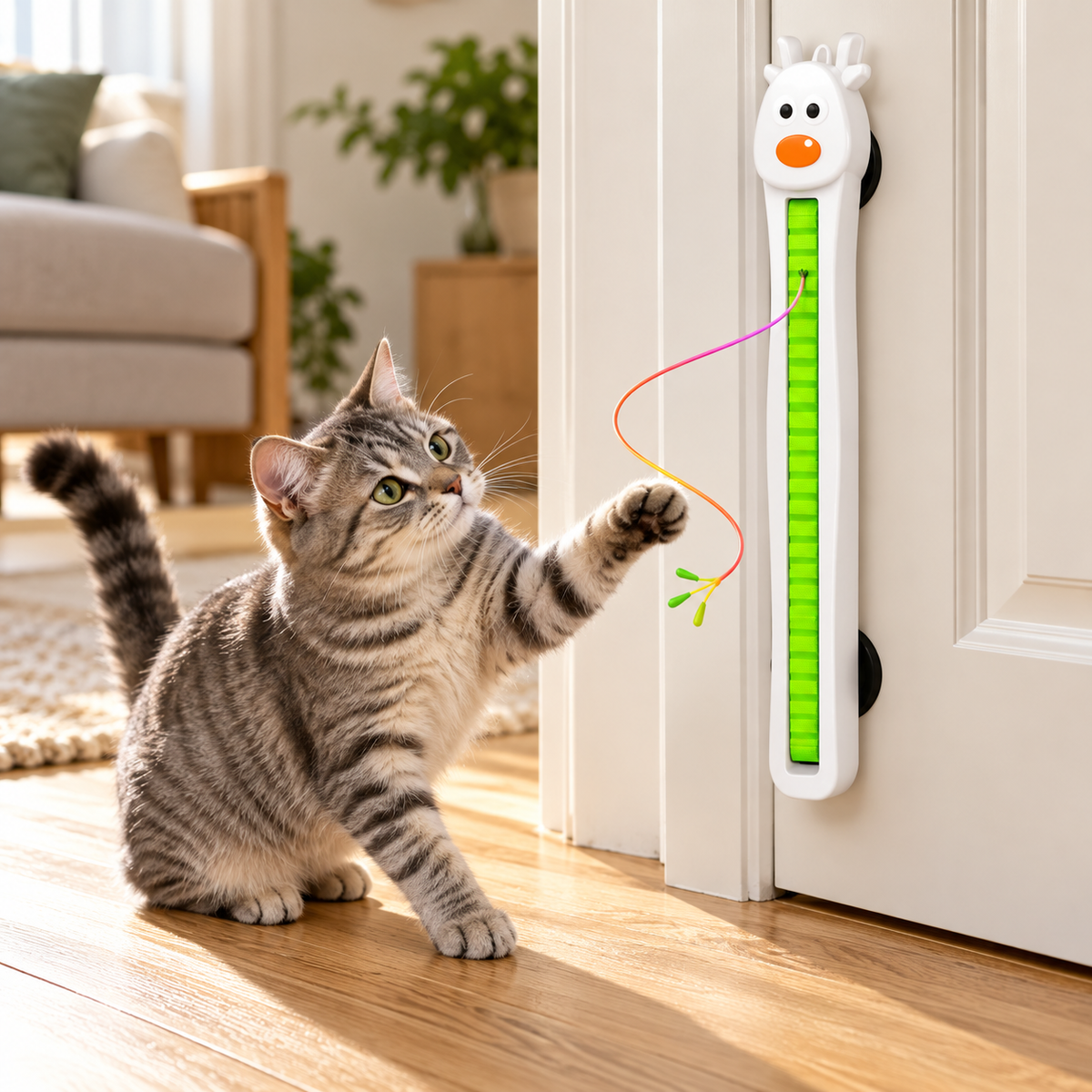 AI-generated product illustration: motion view of rechargeable door-mounted cat toy