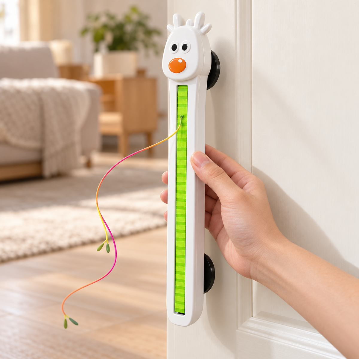 AI-generated product illustration: setup view of rechargeable door-mounted cat toy
