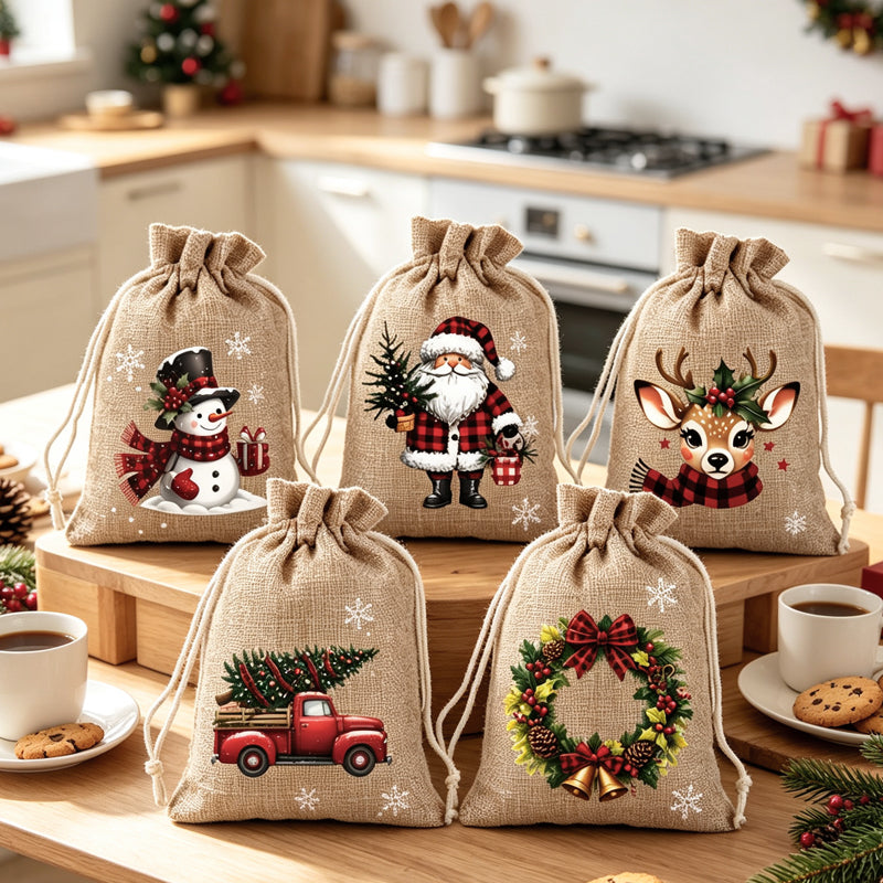 Christmas drawstring gift bags — festive polyester fabric