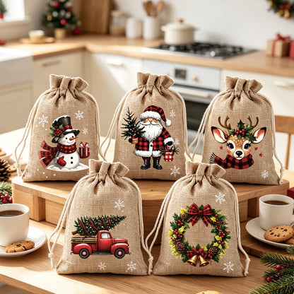 Christmas drawstring gift bags — festive polyester fabric