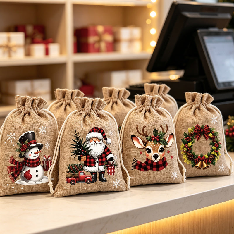 Christmas drawstring gift bags — holiday display idea