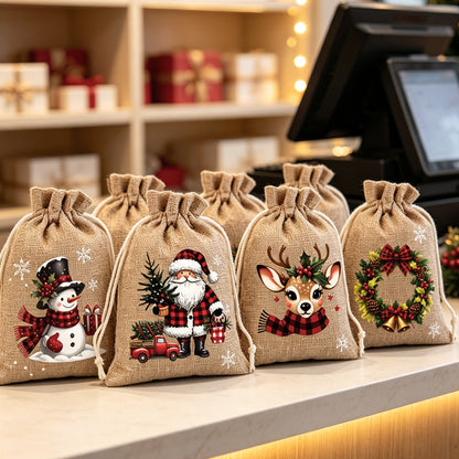 Christmas drawstring gift bags — holiday display idea