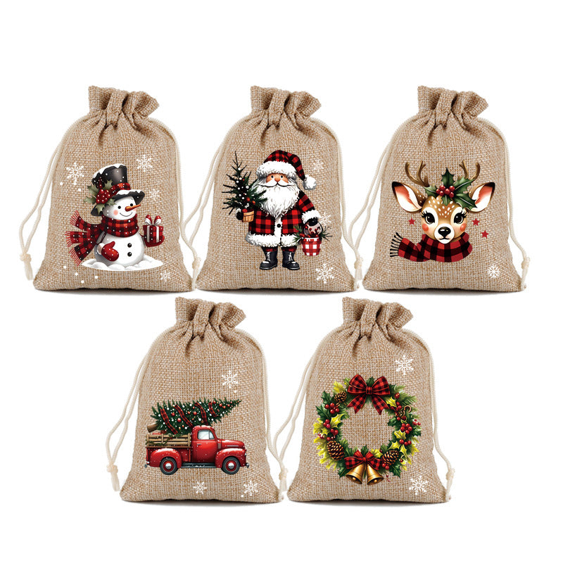Christmas drawstring gift bags — five-piece Christmas pouch set