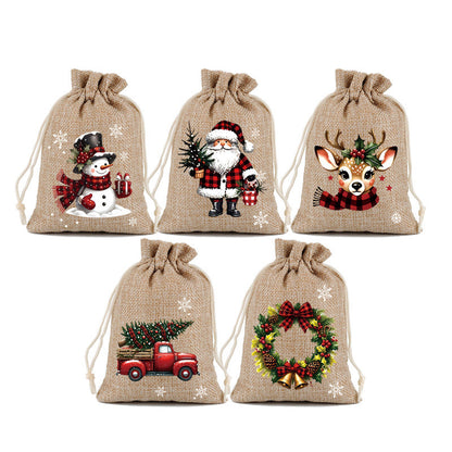 Christmas drawstring gift bags — five-piece Christmas pouch set