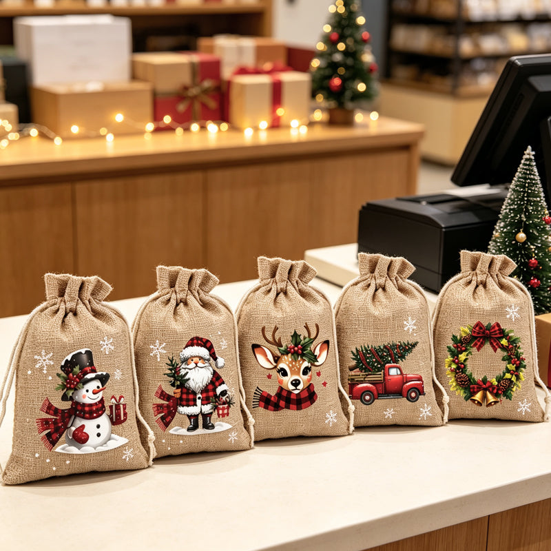 Christmas drawstring gift bags with festive designs