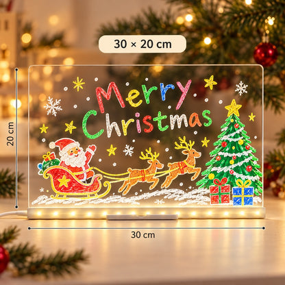 Landscape 30 by 20cm acrylic LED message board with Christmas artwork and dimension guides