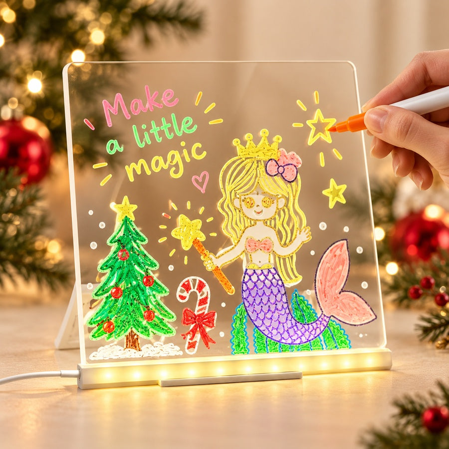 Drawing a star on a rewritable acrylic LED board in a Christmas setting