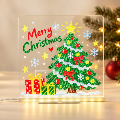 Christmas artwork on a clear acrylic LED message board with a warm ivory holiday setting