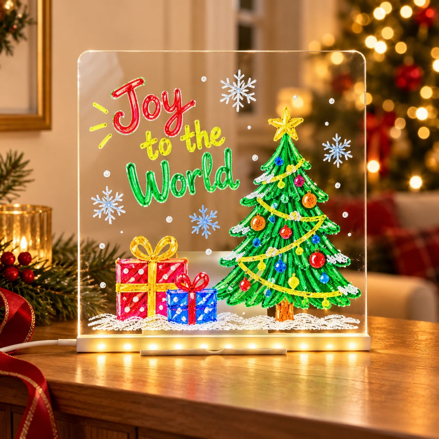Acrylic LED message board with Christmas artwork on a festive console table