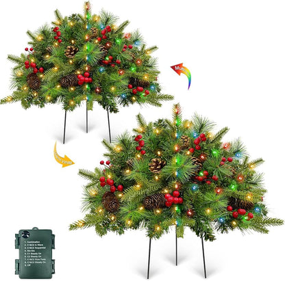 Two 21-inch Christmas urn fillers with dual-color lights and tripod stakes