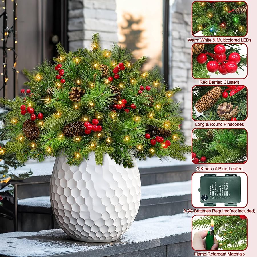 Decorated pine branches, berries, pinecones and battery box