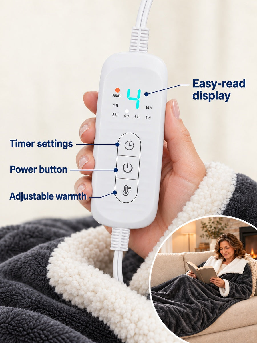 Heated blanket controller showing the display, timer, power and warmth controls