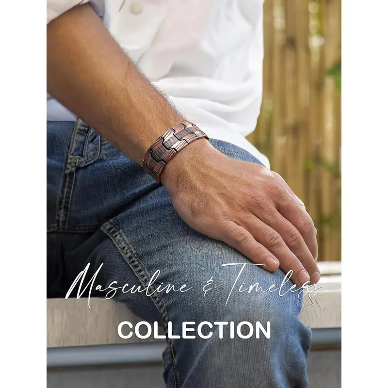 Copper bracelet worn with casual clothing