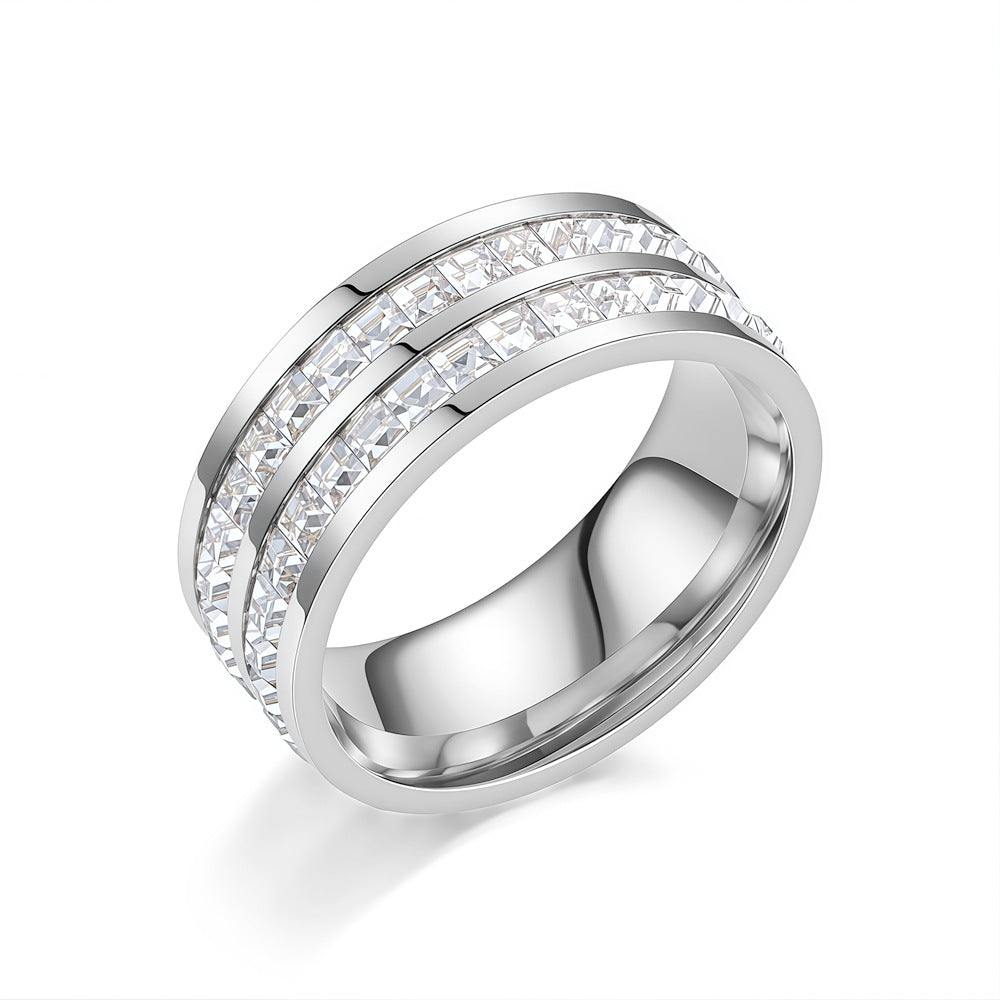 Rotating crystal anxiety relief ring — double silver