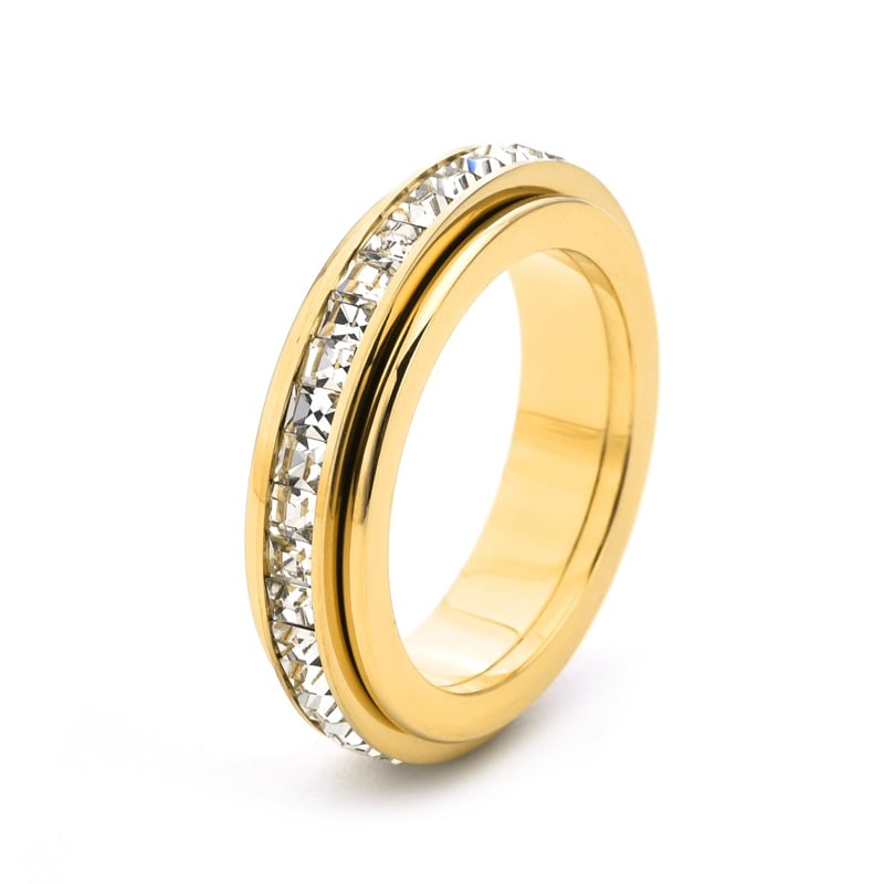 Rotating crystal anxiety relief ring — single gold