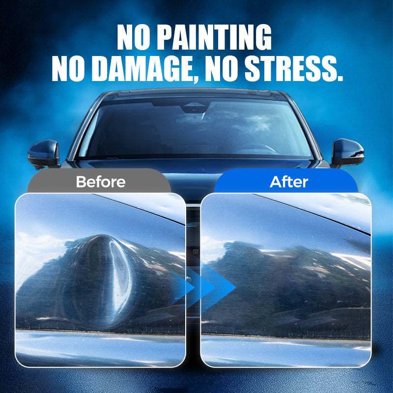 Source before-and-after comparison of a dented blue car body panel