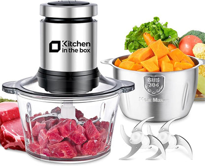 Black 400W food chopper with glass bowl, stainless steel bowl and two blade sets