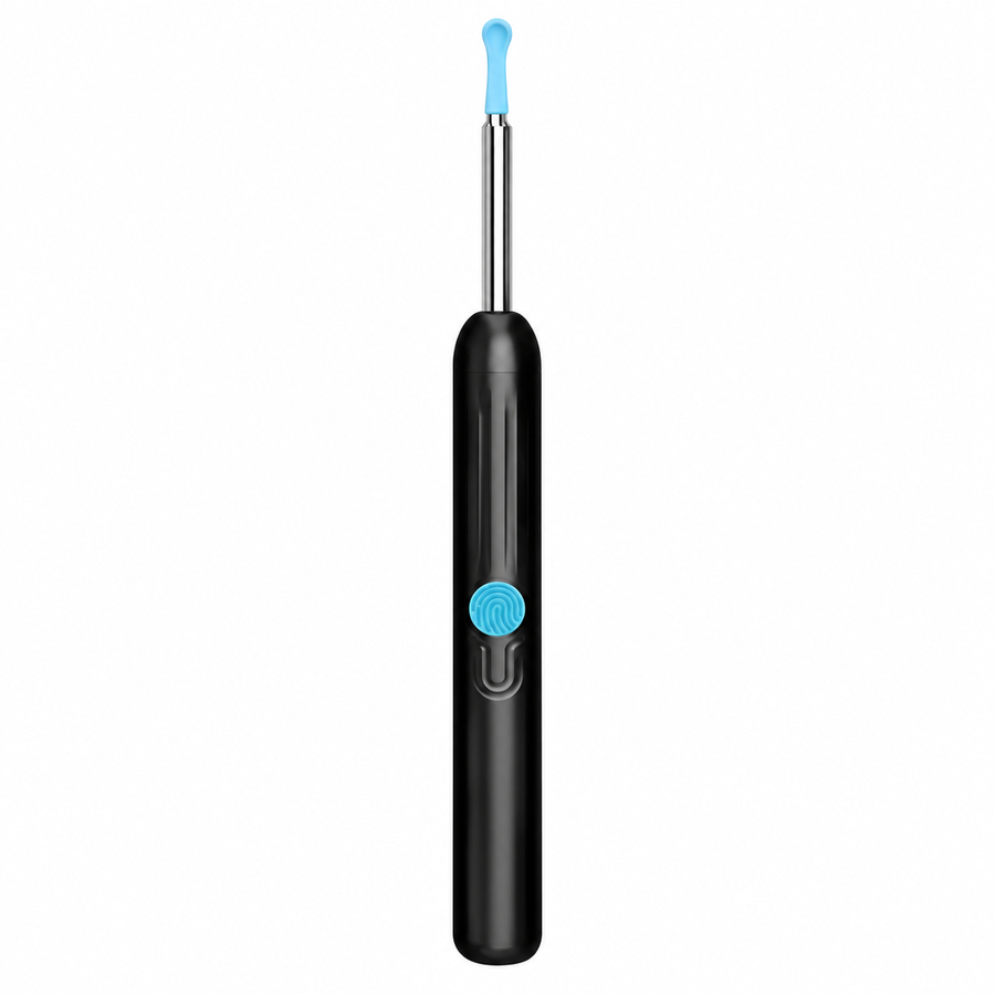 Black wireless ear camera with silicone ear-scoop attachment