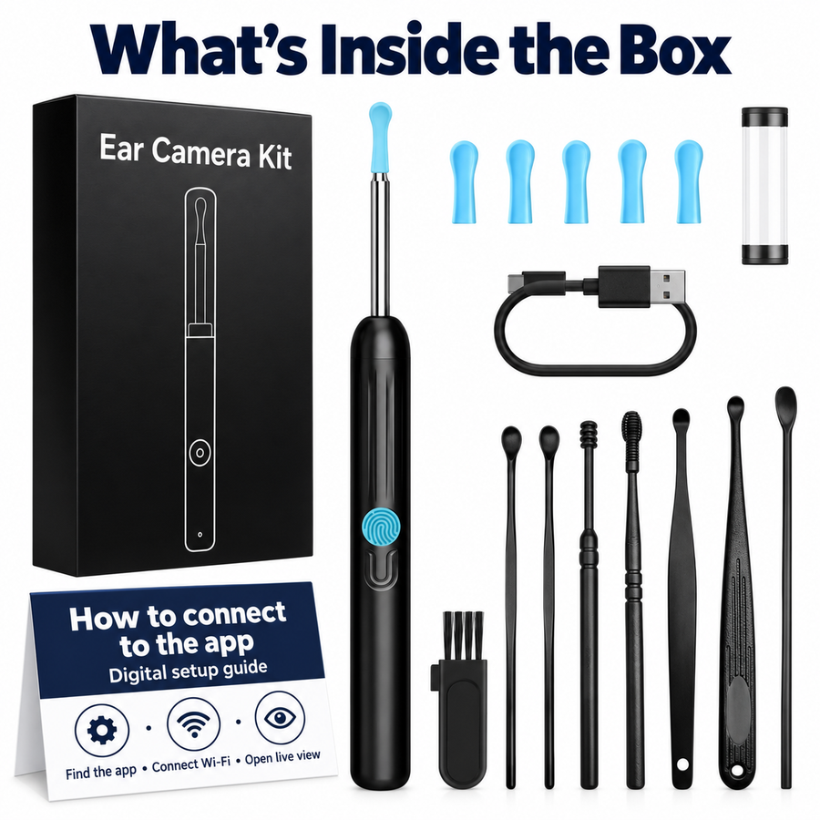 What is inside the black ear camera kit, with a digital app-connection guide