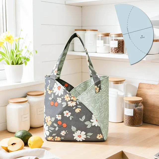 Curved-panel tote example with reusable sewing template