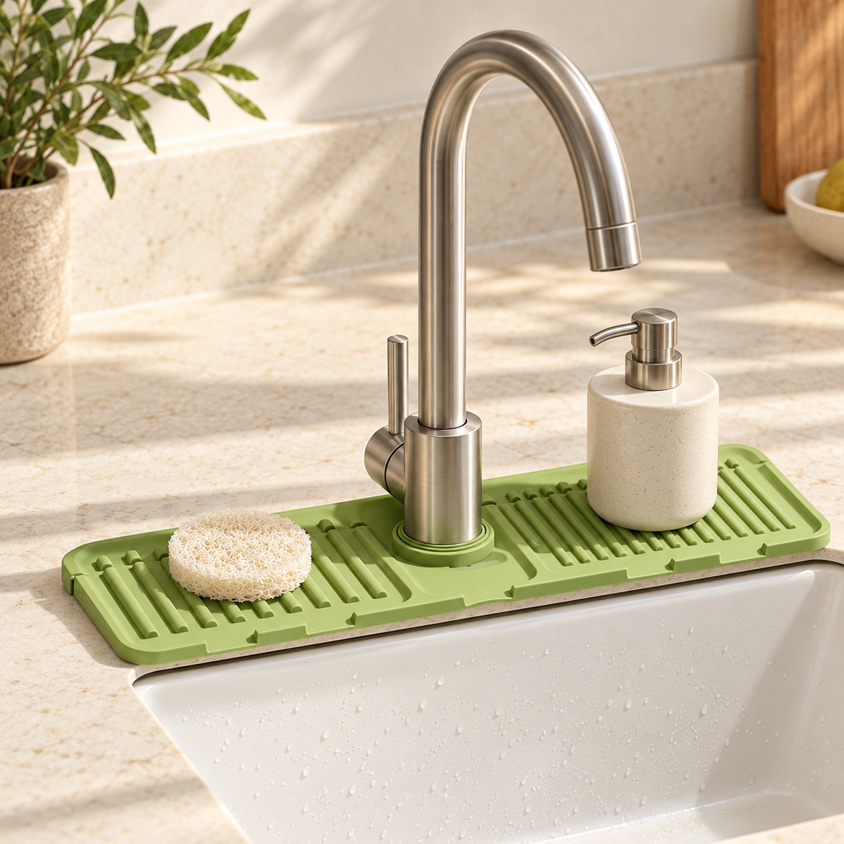 Faucet splash guard — green mat styled at a kitchen sink