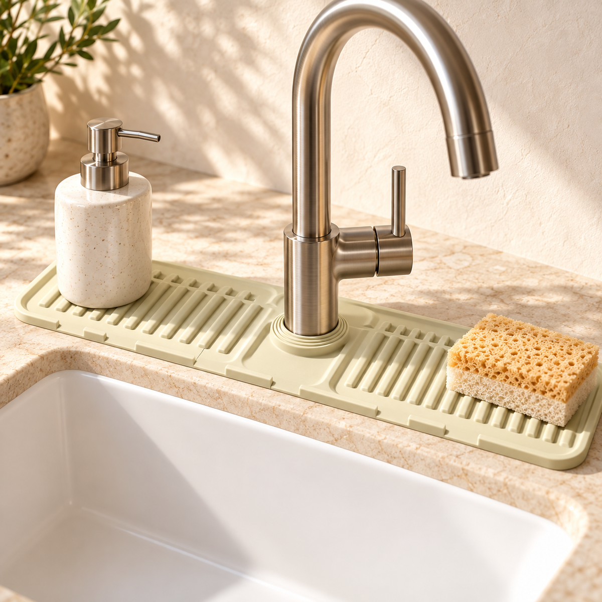 Faucet splash guard — beige mat with sink essentials