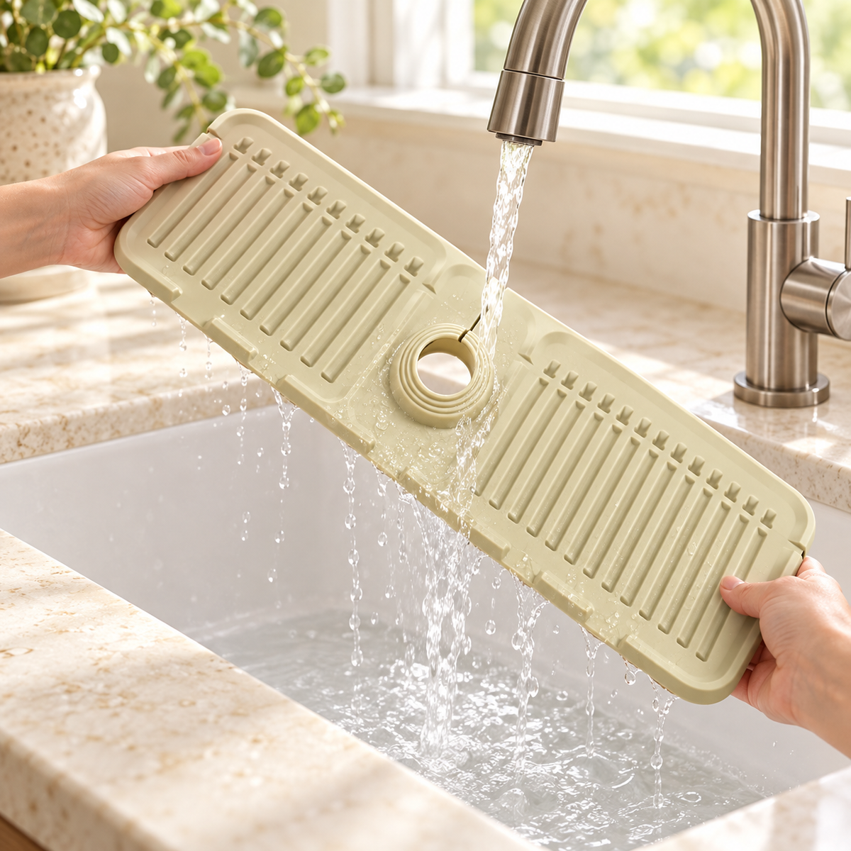 Faucet splash guard — rinsing the silicone mat