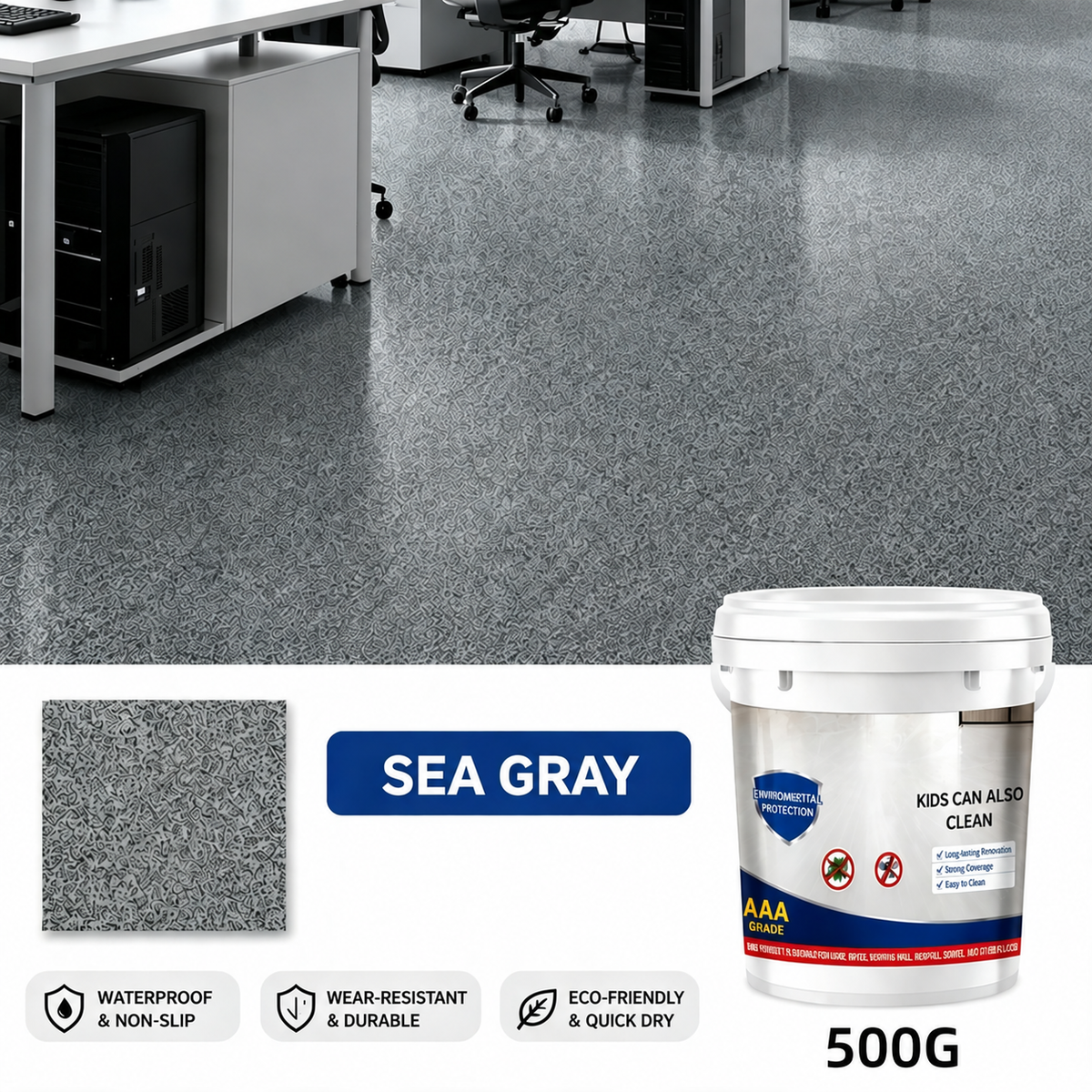 Sea Gray epoxy floor coating, 500 g, and finished office floor