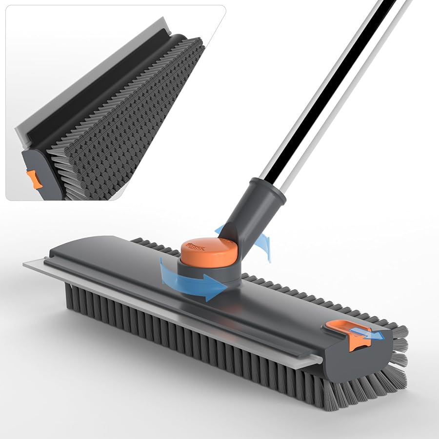 Grey 3-in-1 floor scrub brush with squeegee and removable tweezers