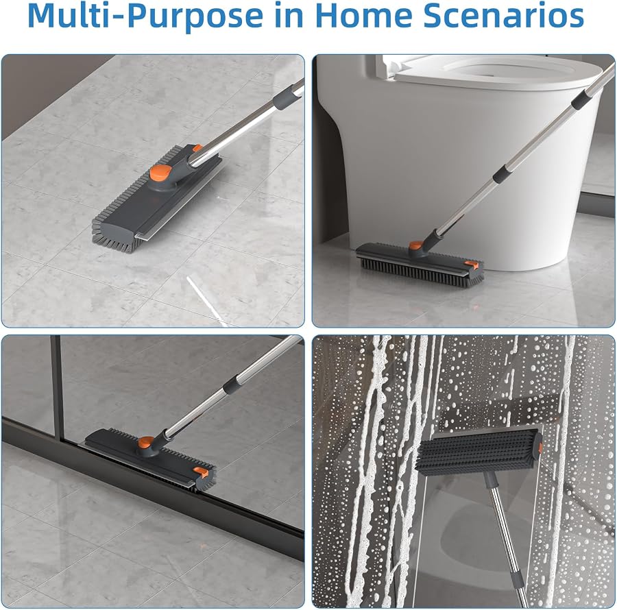 Scrubbing tile, cleaning edges and moving water from shower glass