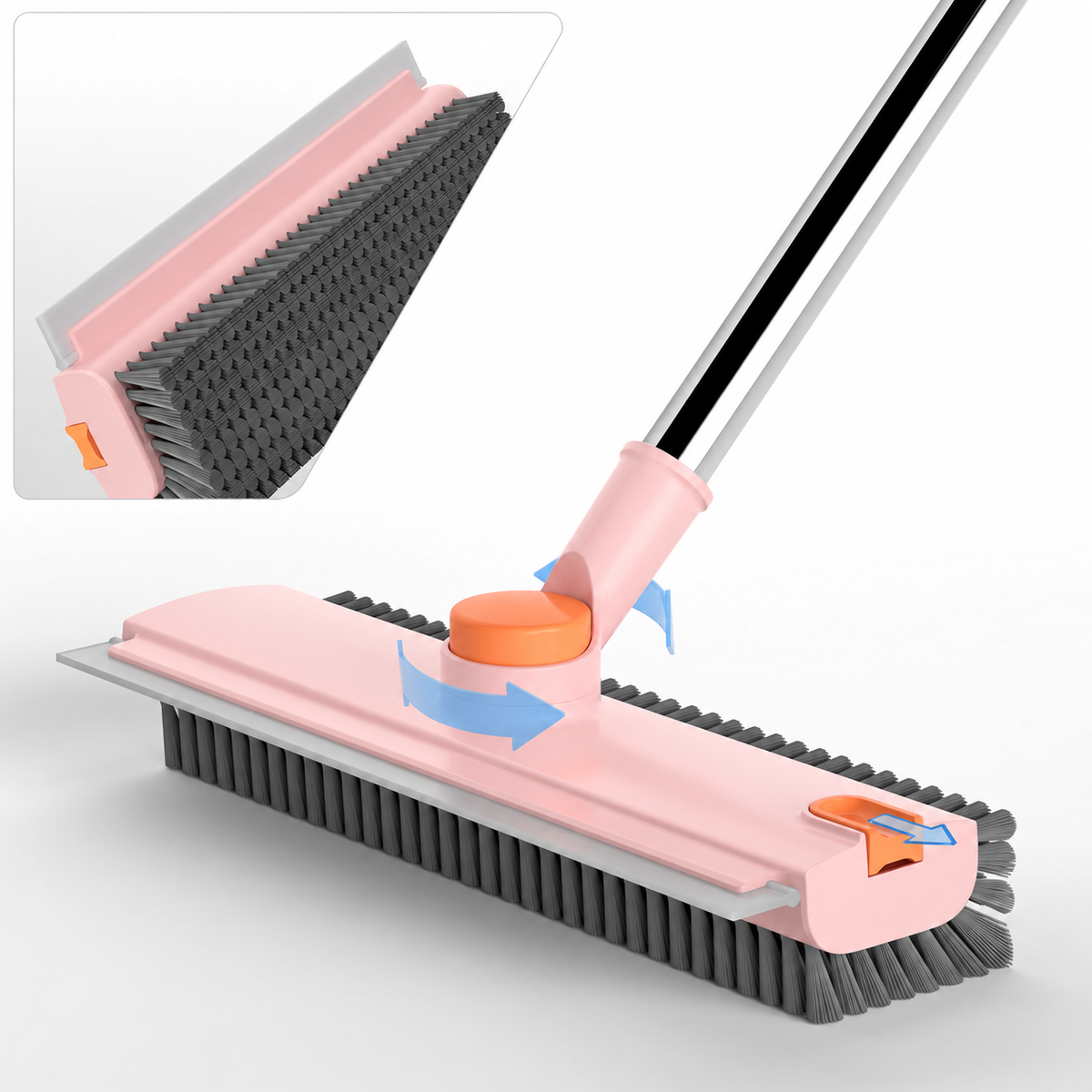 Pink 3-in-1 floor scrub brush with grey bristles and orange controls