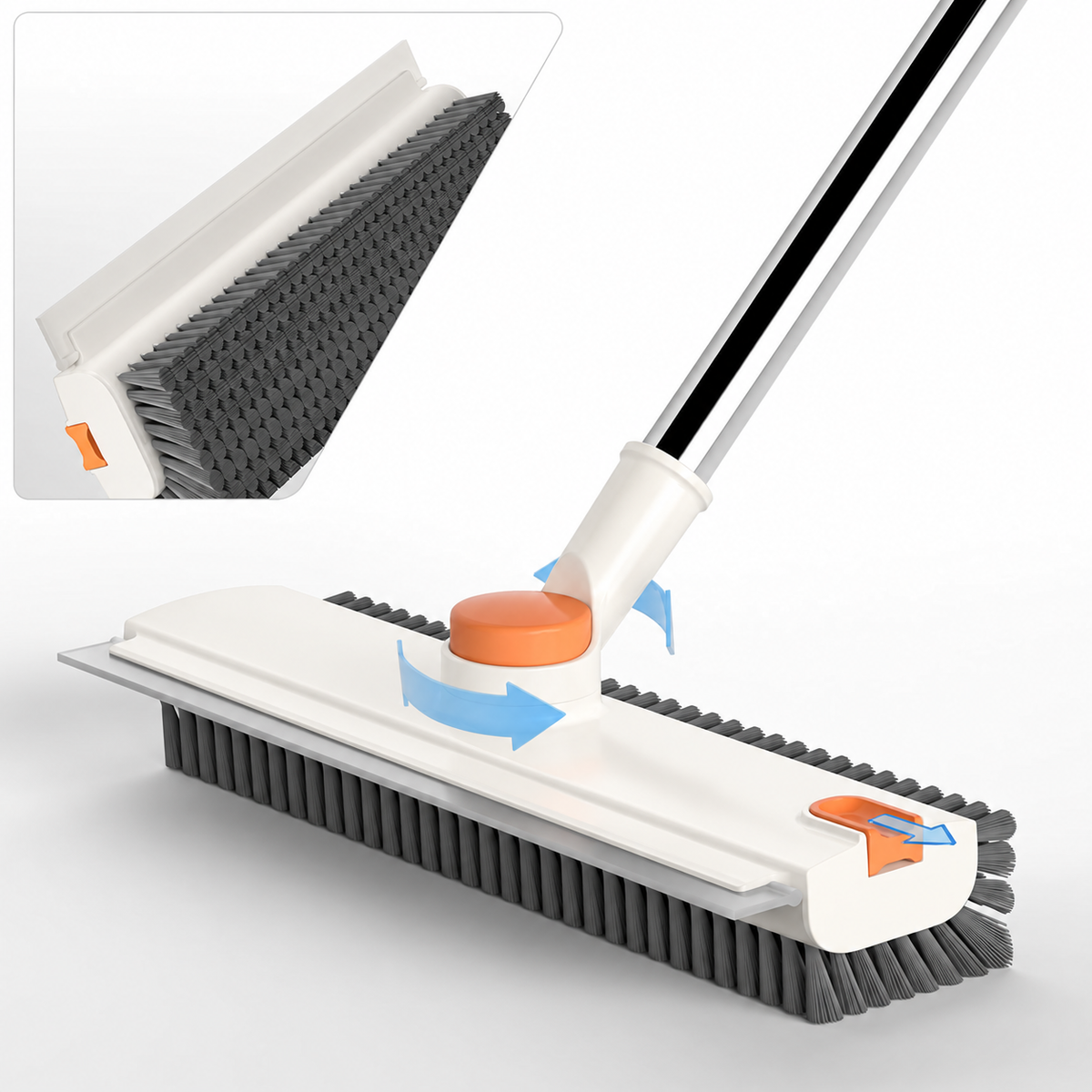 White 3-in-1 floor scrub brush with grey bristles and orange controls