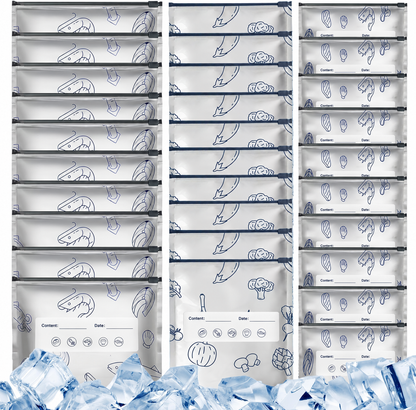 30 reusable foil storage bags in three sizes, with sliding closures