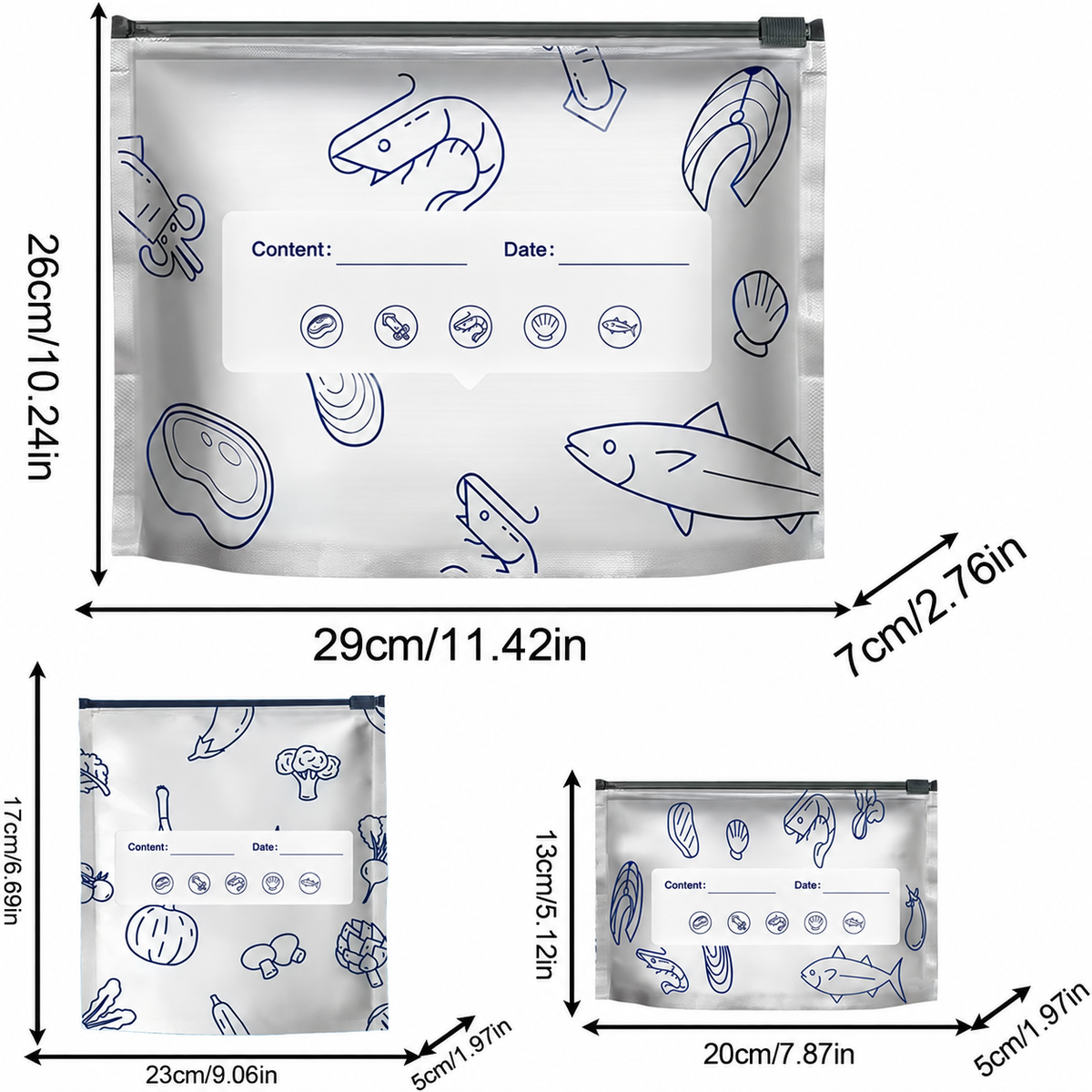 Three bag sizes with approximate measurements