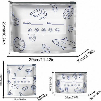 Three bag sizes with approximate measurements