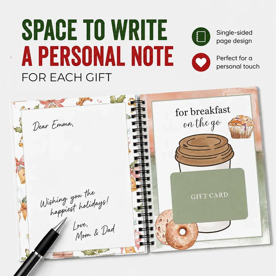 Christmas gift card book pages and presentation