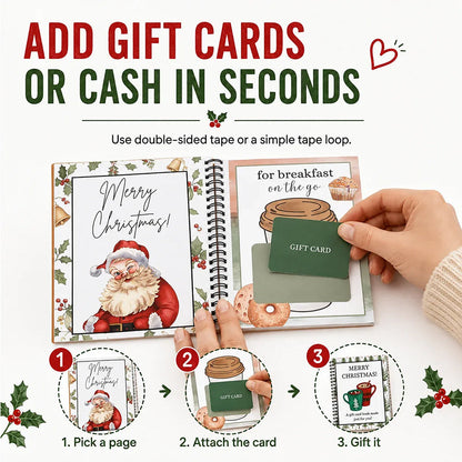 Christmas gift card book pages and presentation
