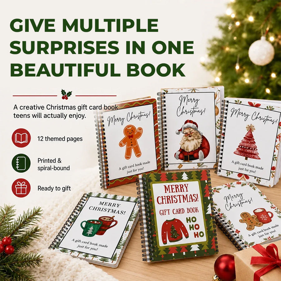 Christmas gift card book pages and presentation