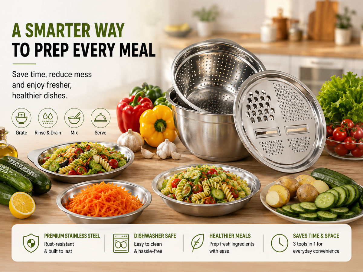 Stainless steel grater bowl and colander set product details
