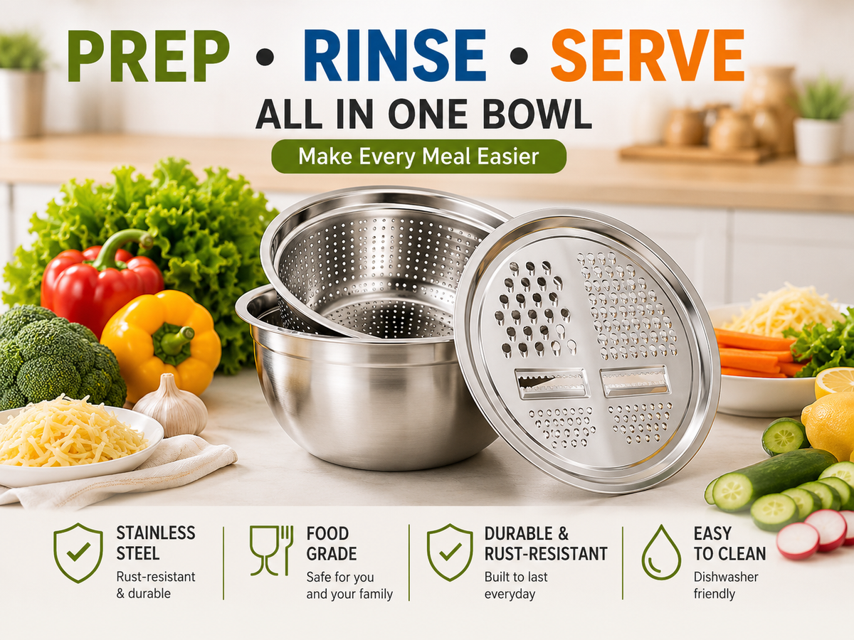 Stainless steel grater bowl and colander set product details
