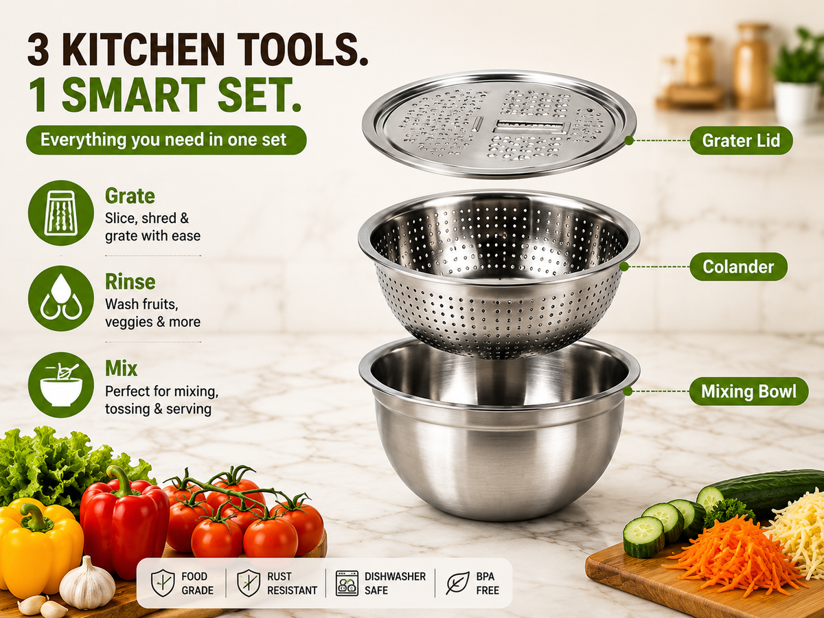 Stainless steel grater bowl and colander set product details