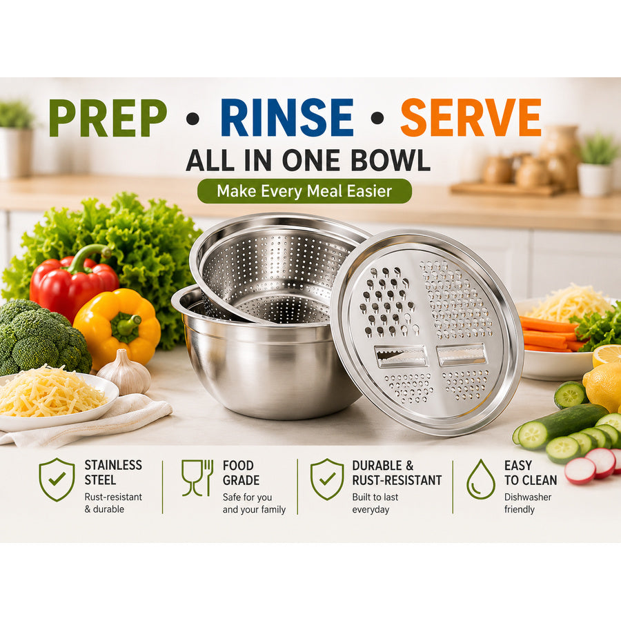Stainless steel mixing bowl, colander and grater lid set
