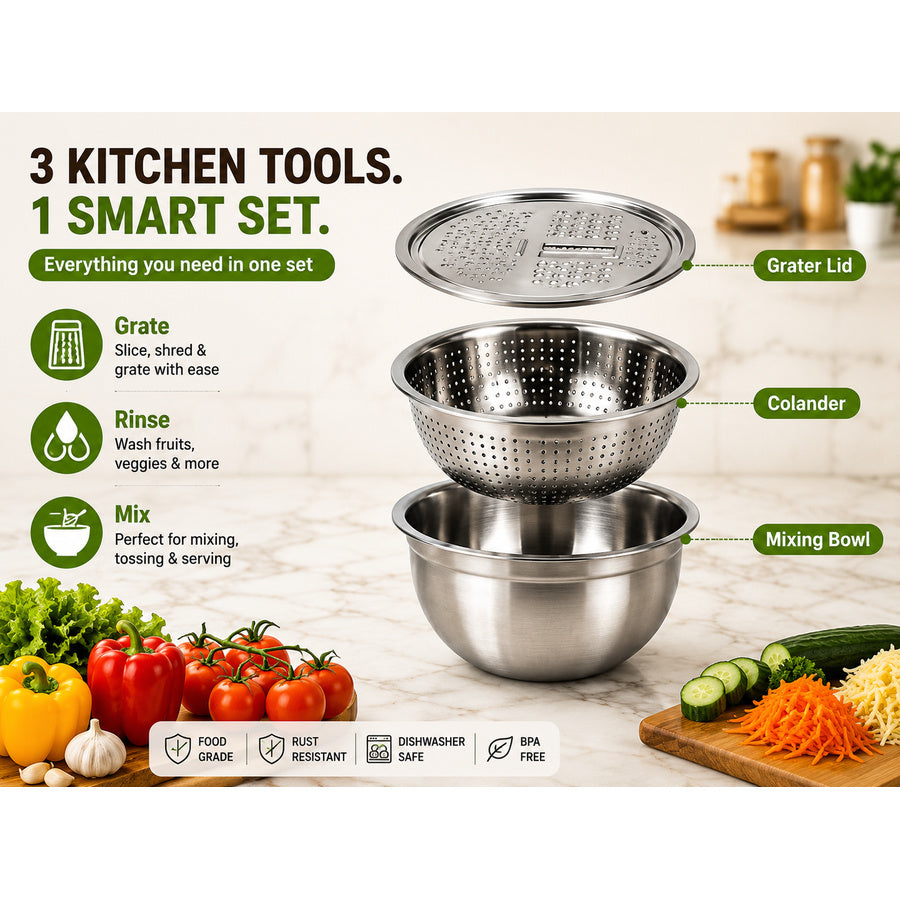 Grater bowl and colander nested kitchen set