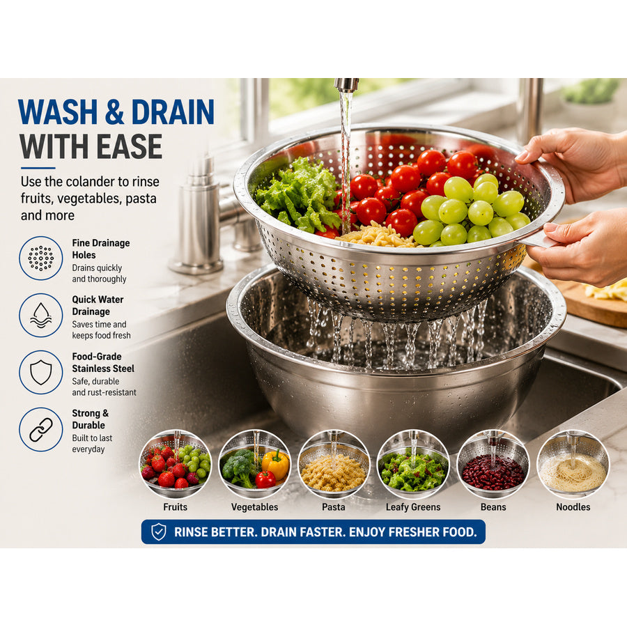 Rinsing produce in the stainless steel colander